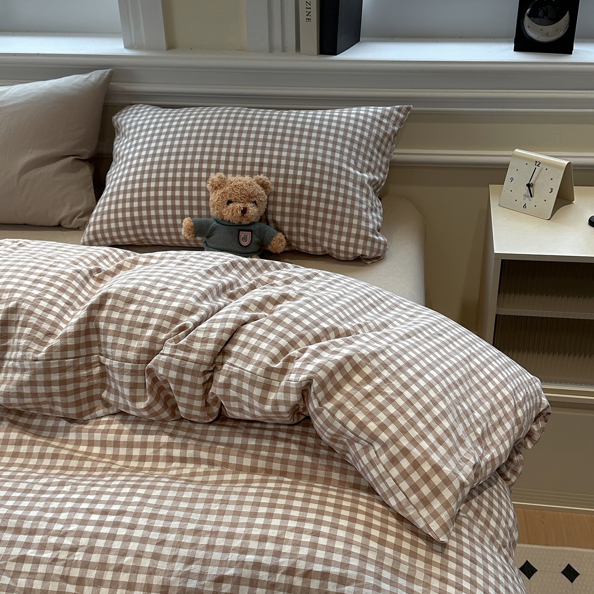 91家纺网 家纺一手货源 找家纺 欣晴家纺 2026新款软糯水洗棉条格无印宜家风混搭系列被套单件单品被套 混搭咖格