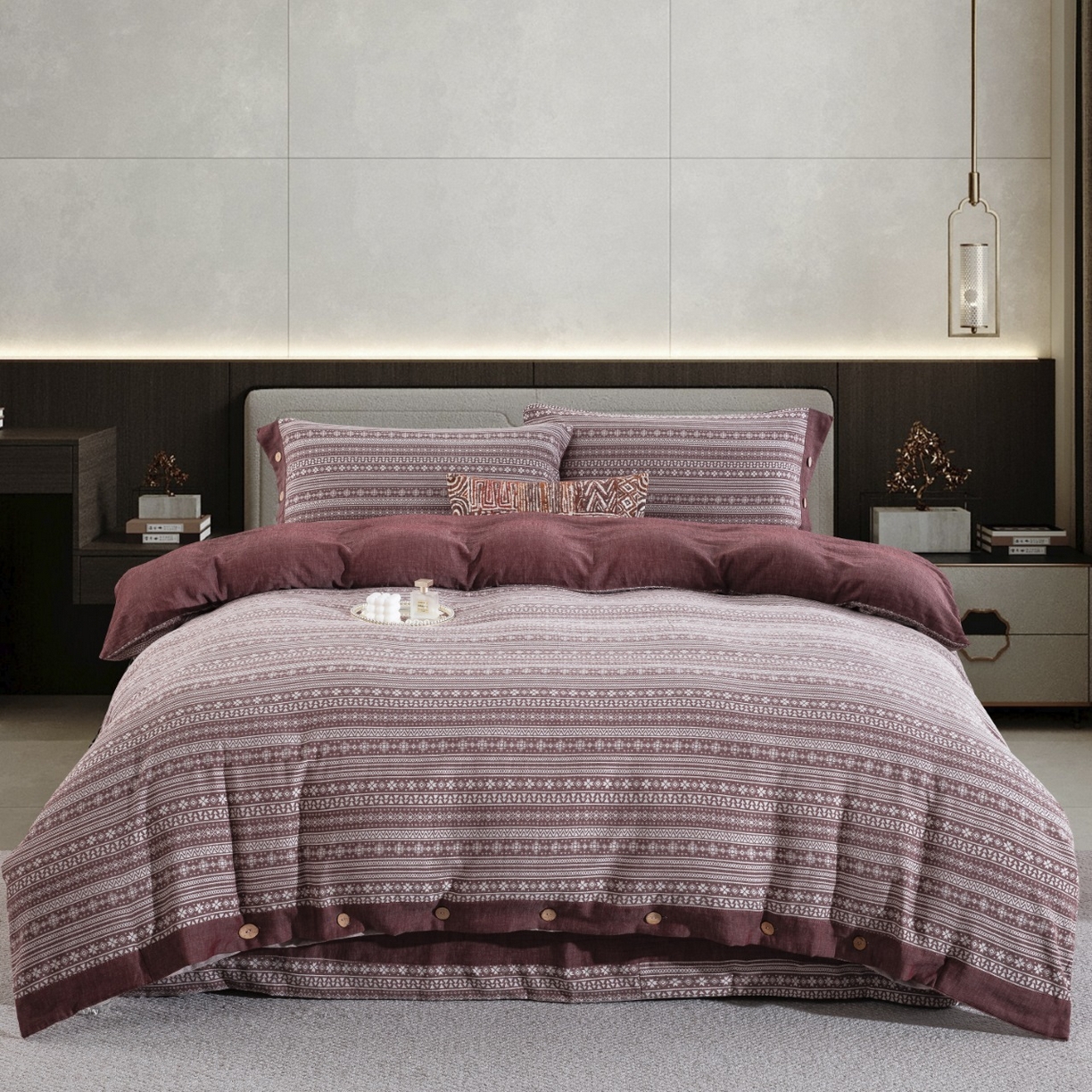 91家纺网 家纺一手货源 找家纺 （总）仰望棉麻双层纱供应链 2026新款布拉格全棉纯棉色织提花纽扣款四件套-布拉格系列