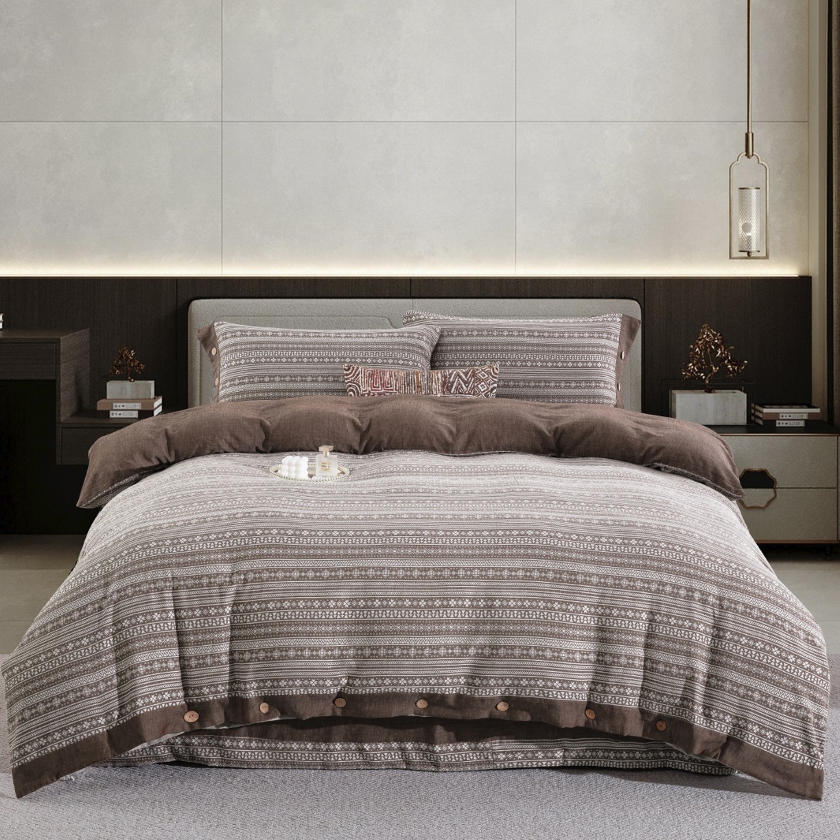 91家纺网 家纺一手货源 找家纺 （总）仰望棉麻双层纱供应链 2026新款布拉格全棉纯棉色织提花纽扣款四件套-布拉格系列