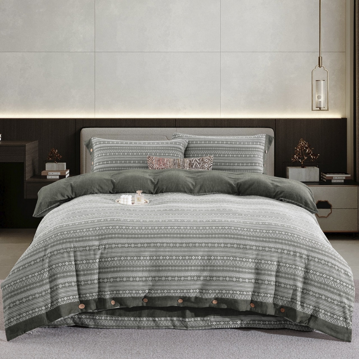 91家纺网 家纺一手货源 找家纺 （总）仰望棉麻双层纱供应链 2026新款布拉格全棉纯棉色织提花纽扣款四件套-布拉格系列