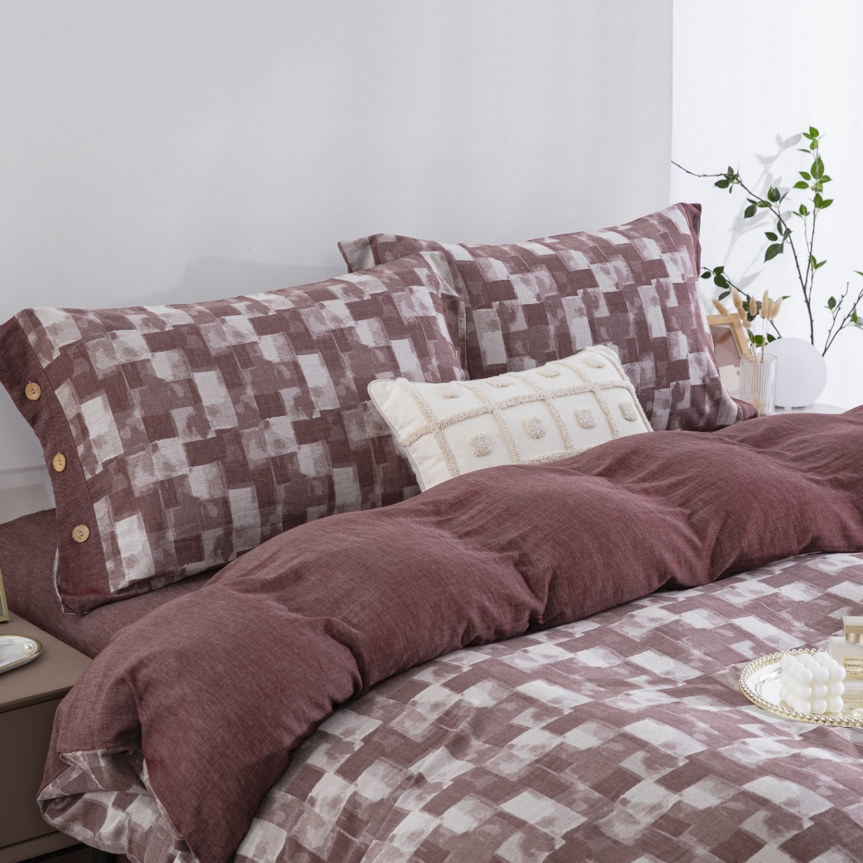 91家纺网 家纺一手货源 找家纺 （总）仰望棉麻双层纱供应链 2026新款都市万象全棉纯棉色织提花纽扣款四件套-都市万象系列