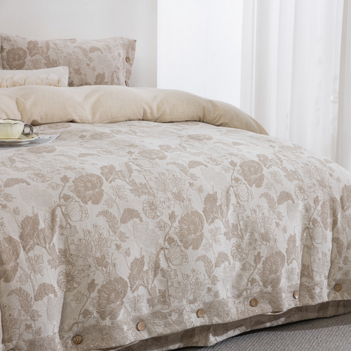 91家纺网 家纺一手货源 找家纺 （总）仰望棉麻双层纱供应链 2026新款棉麻色织大提花纽扣款四件套-虞美人系列