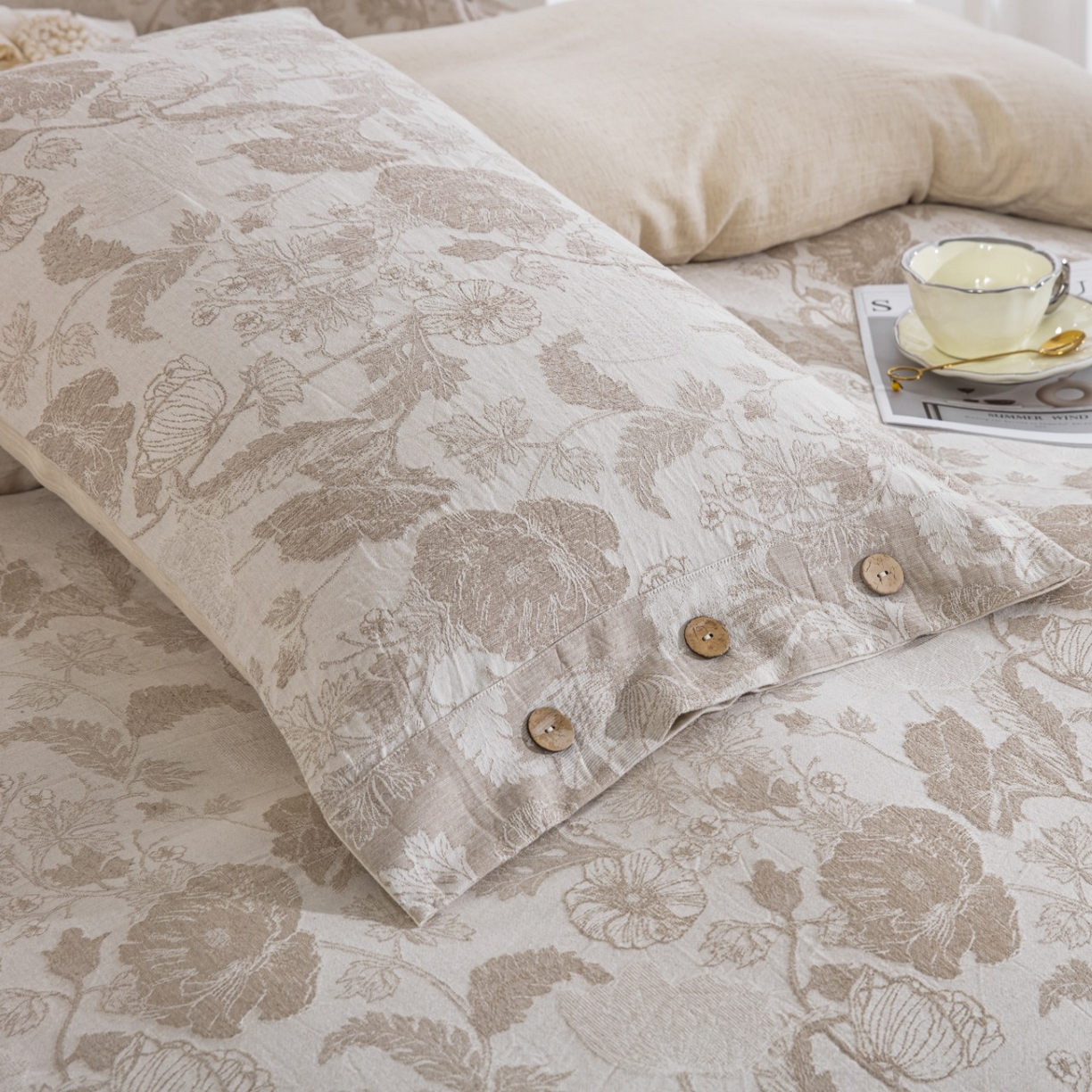 91家纺网 家纺一手货源 找家纺 （总）仰望棉麻双层纱供应链 2026新款棉麻色织大提花纽扣款四件套-虞美人系列