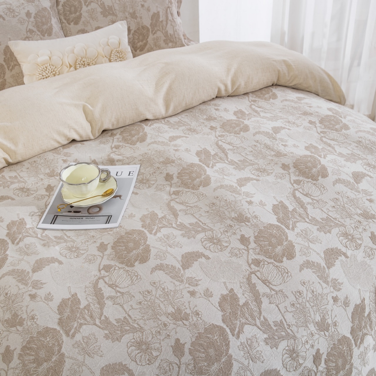 91家纺网 家纺一手货源 找家纺 （总）仰望棉麻双层纱供应链 2026新款棉麻色织大提花纽扣款四件套-虞美人系列