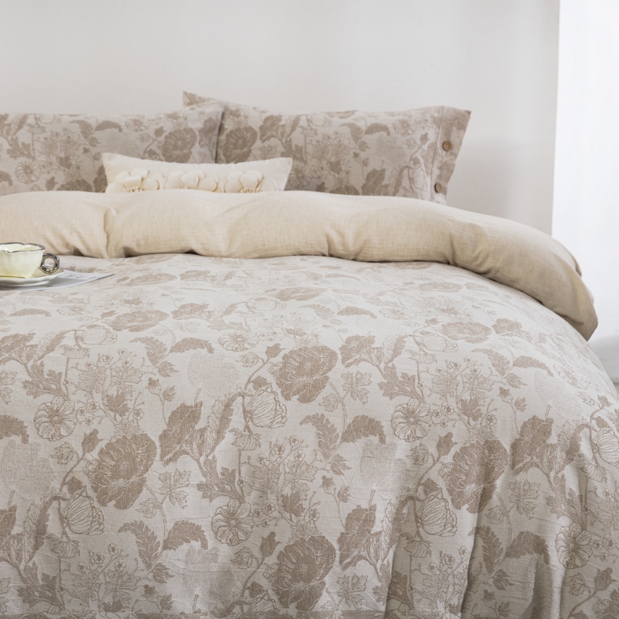 91家纺网 家纺一手货源 找家纺 （总）仰望棉麻双层纱供应链 2026新款棉麻色织大提花纽扣款四件套-虞美人系列