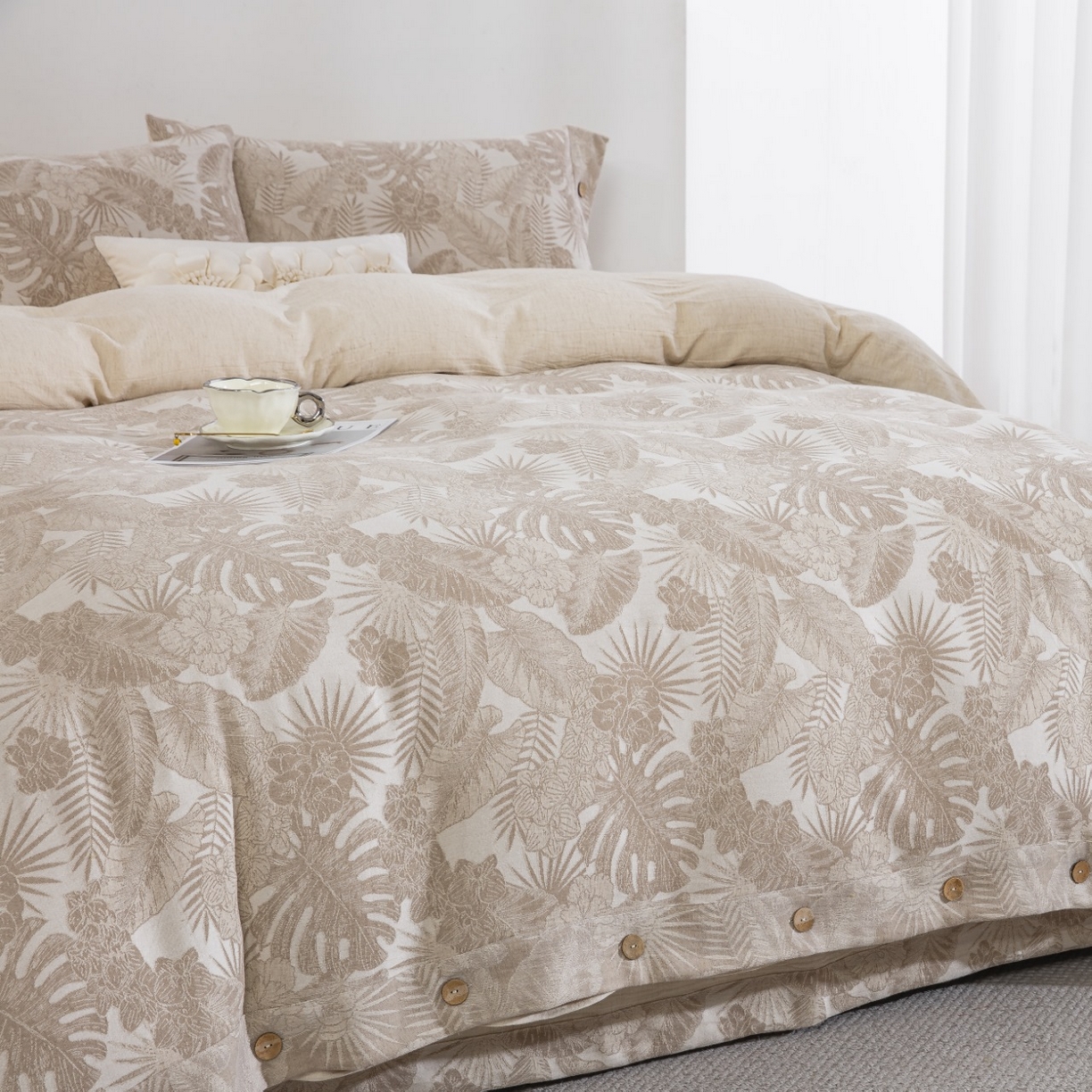 91家纺网 家纺一手货源 找家纺 （总）仰望棉麻双层纱供应链 2026新款叶间诗棉麻色织大提花纽扣款四件套-叶间诗系列