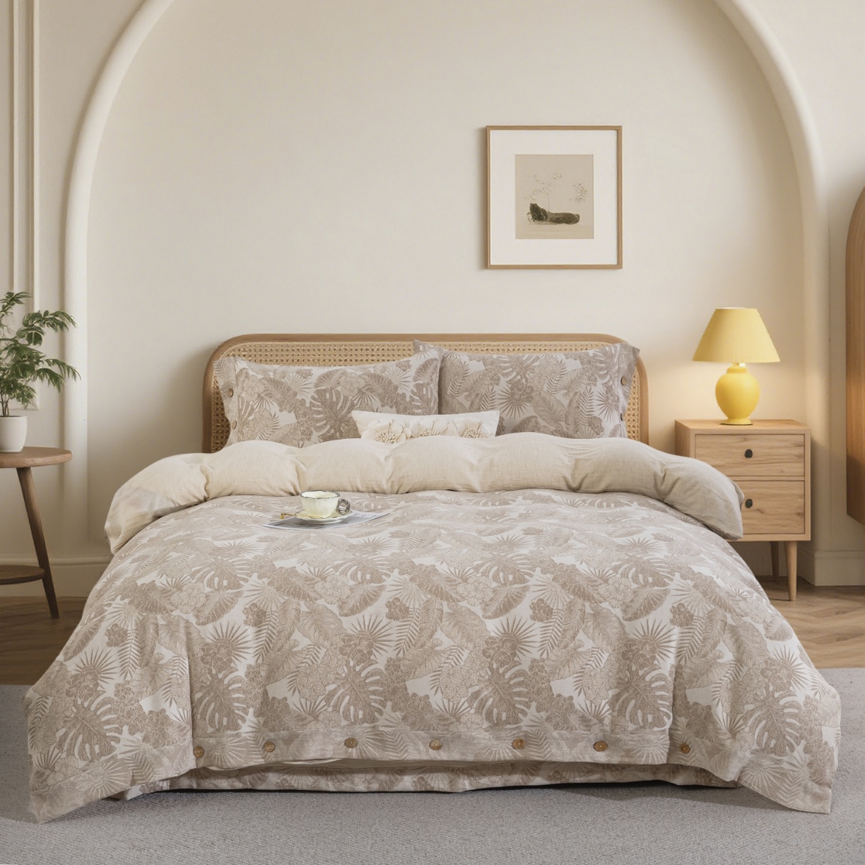 91家纺网 家纺一手货源 找家纺 （总）仰望棉麻双层纱供应链 2026新款叶间诗棉麻色织大提花纽扣款四件套-叶间诗系列