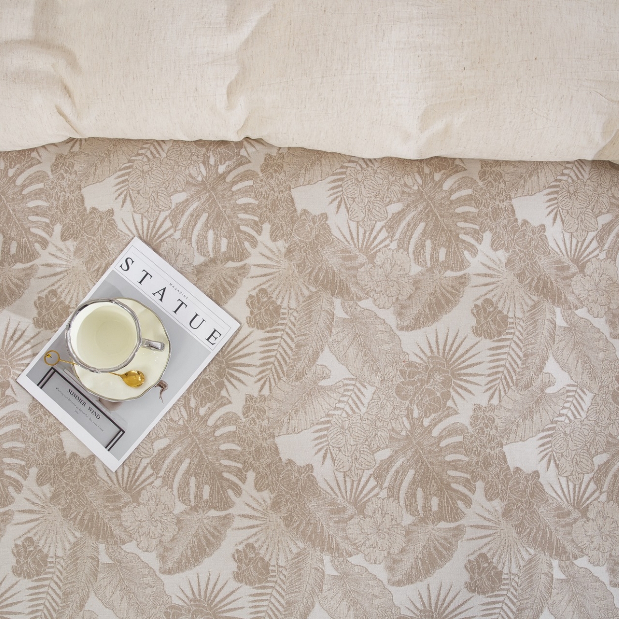 91家纺网 家纺一手货源 找家纺 （总）仰望棉麻双层纱供应链 2026新款叶间诗棉麻色织大提花纽扣款四件套-叶间诗系列