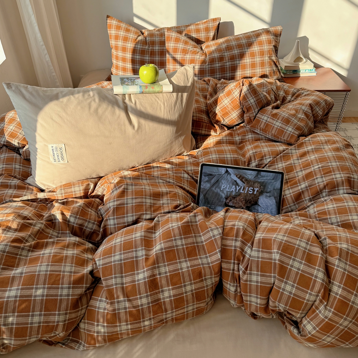 91家纺网 家纺一手货源 找家纺 六巷胡同 2026新款INS博主风A类全棉纯棉色织水洗棉格子四件套 川奈-咖格