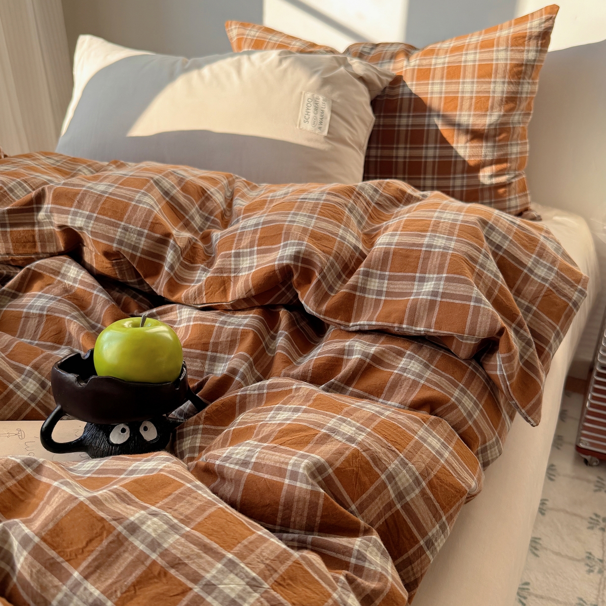 91家纺网 家纺一手货源 找家纺 六巷胡同 2026新款INS博主风A类全棉纯棉色织水洗棉格子四件套 川奈-咖格