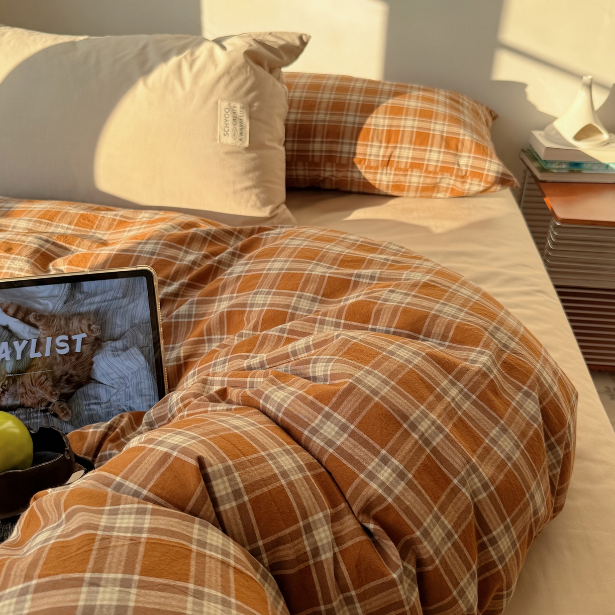 91家纺网 家纺一手货源 找家纺 六巷胡同 2026新款INS博主风A类全棉纯棉色织水洗棉格子四件套 川奈-咖格