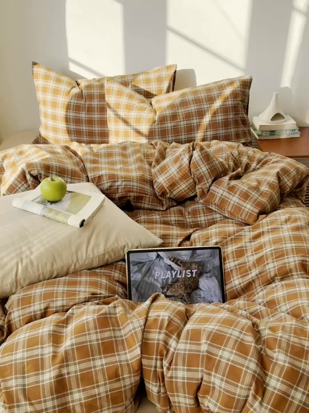 91家纺网 家纺一手货源 找家纺 六巷胡同 2026新款INS博主风A类全棉纯棉色织水洗棉格子四件套 川奈-咖格