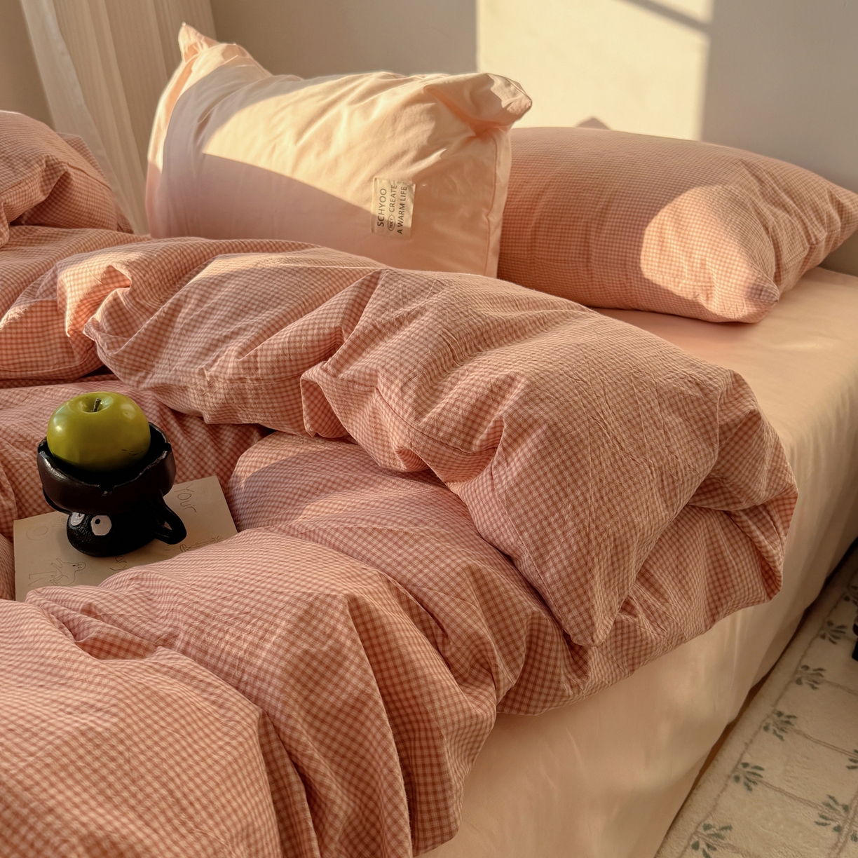 六巷胡同 2026新款INS博主风A类全棉纯棉色织水洗棉格子四件套 觅影-粉格