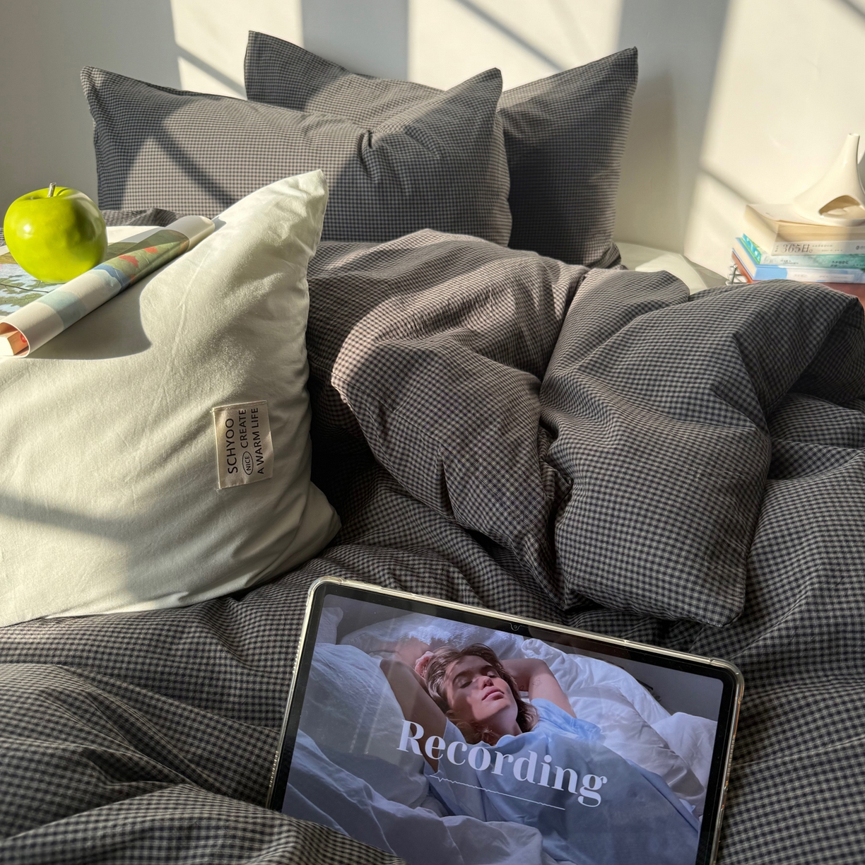 91家纺网 家纺一手货源 找家纺 六巷胡同 2026新款INS博主风A类全棉纯棉色织水洗棉格子四件套 觅影-黑格