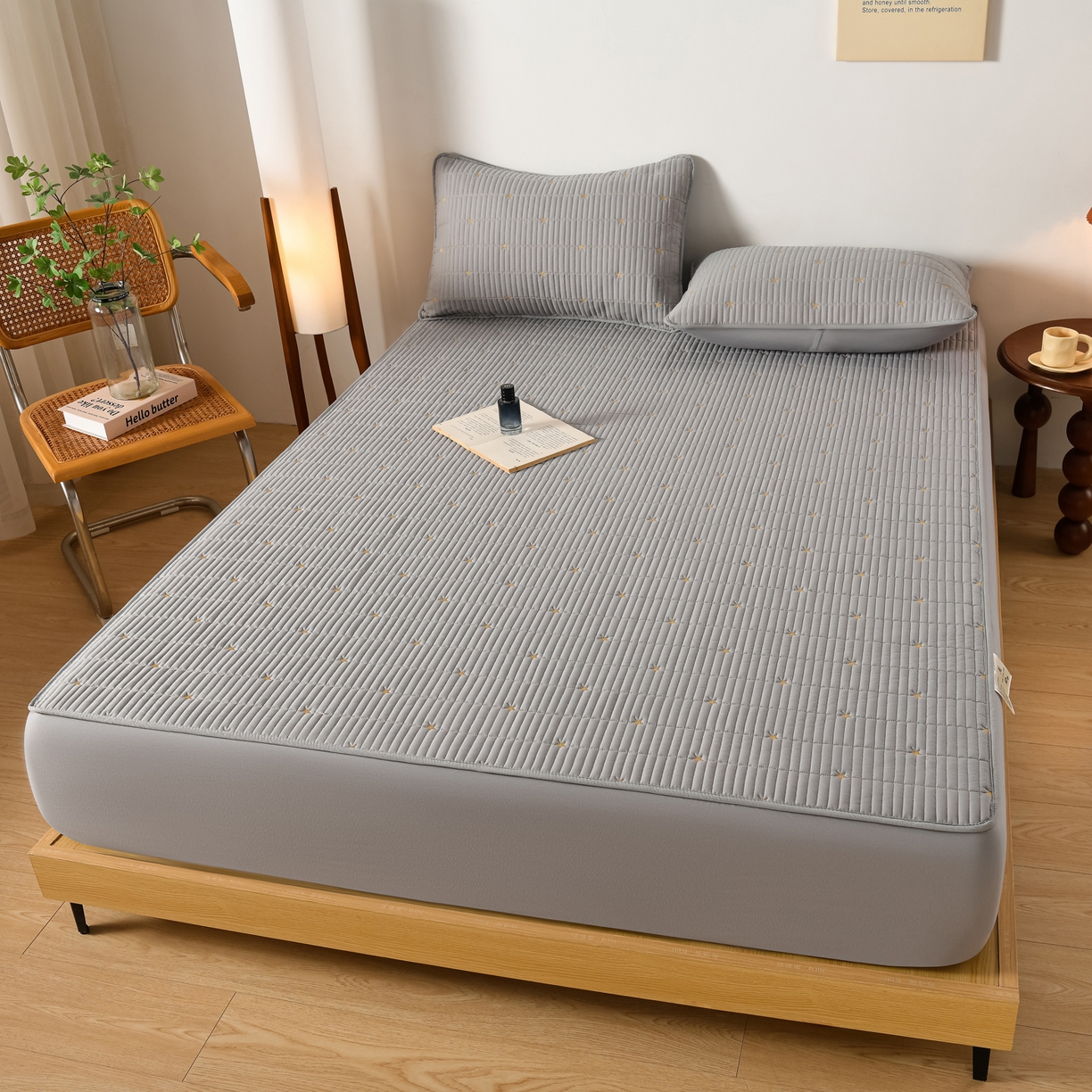 优品惠 2026新款A类刺绣大豆夹棉床笠 星星灰