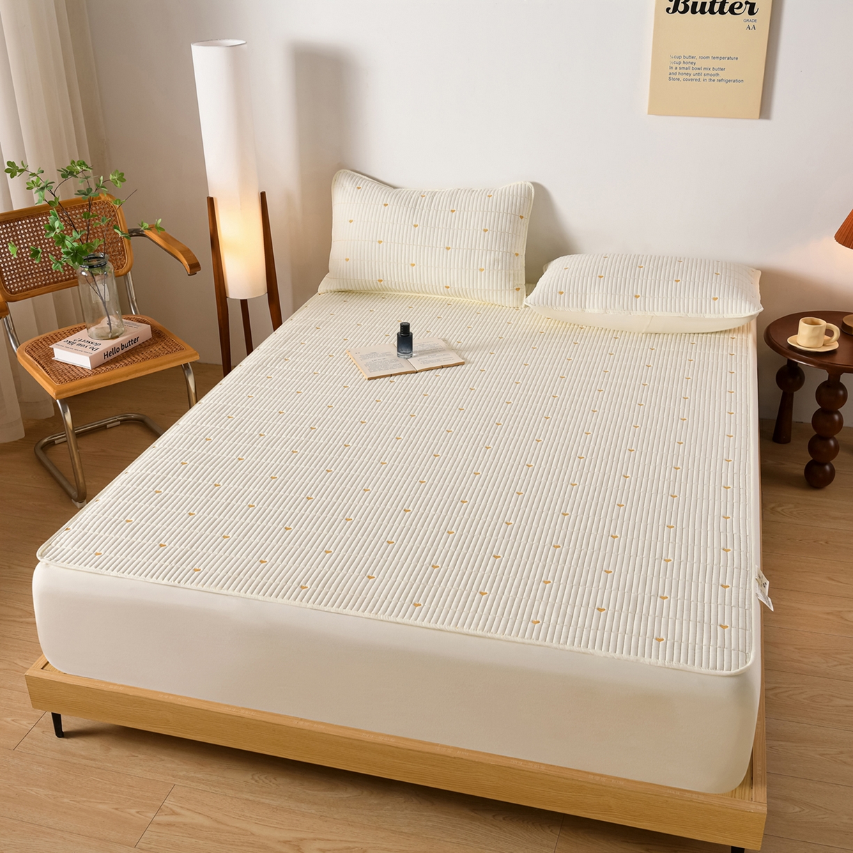 优品惠 2026新款A类刺绣大豆夹棉床笠 爱心米