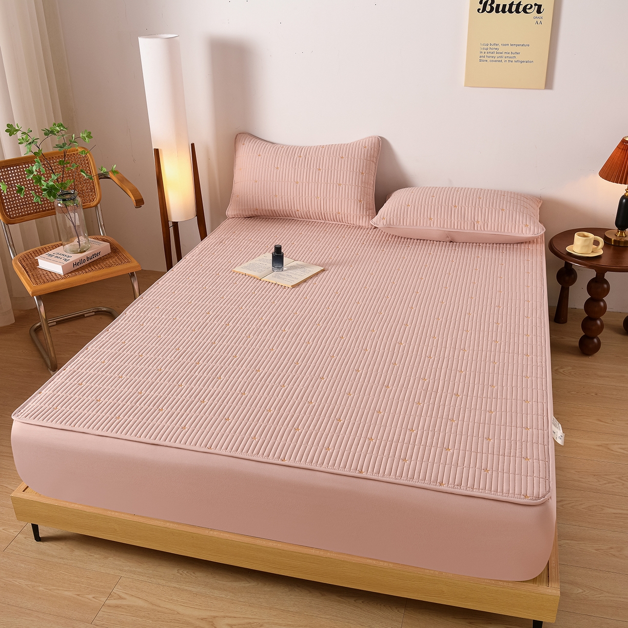 优品惠 2026新款A类刺绣大豆夹棉床笠 星星粉