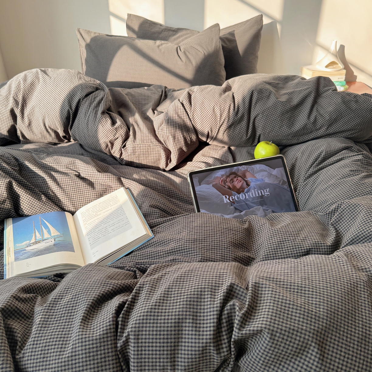 91家纺网 家纺一手货源 找家纺 六巷胡同 2026新款INS博主风A类全棉纯棉色织水洗棉格子四件套 觅影-黑格