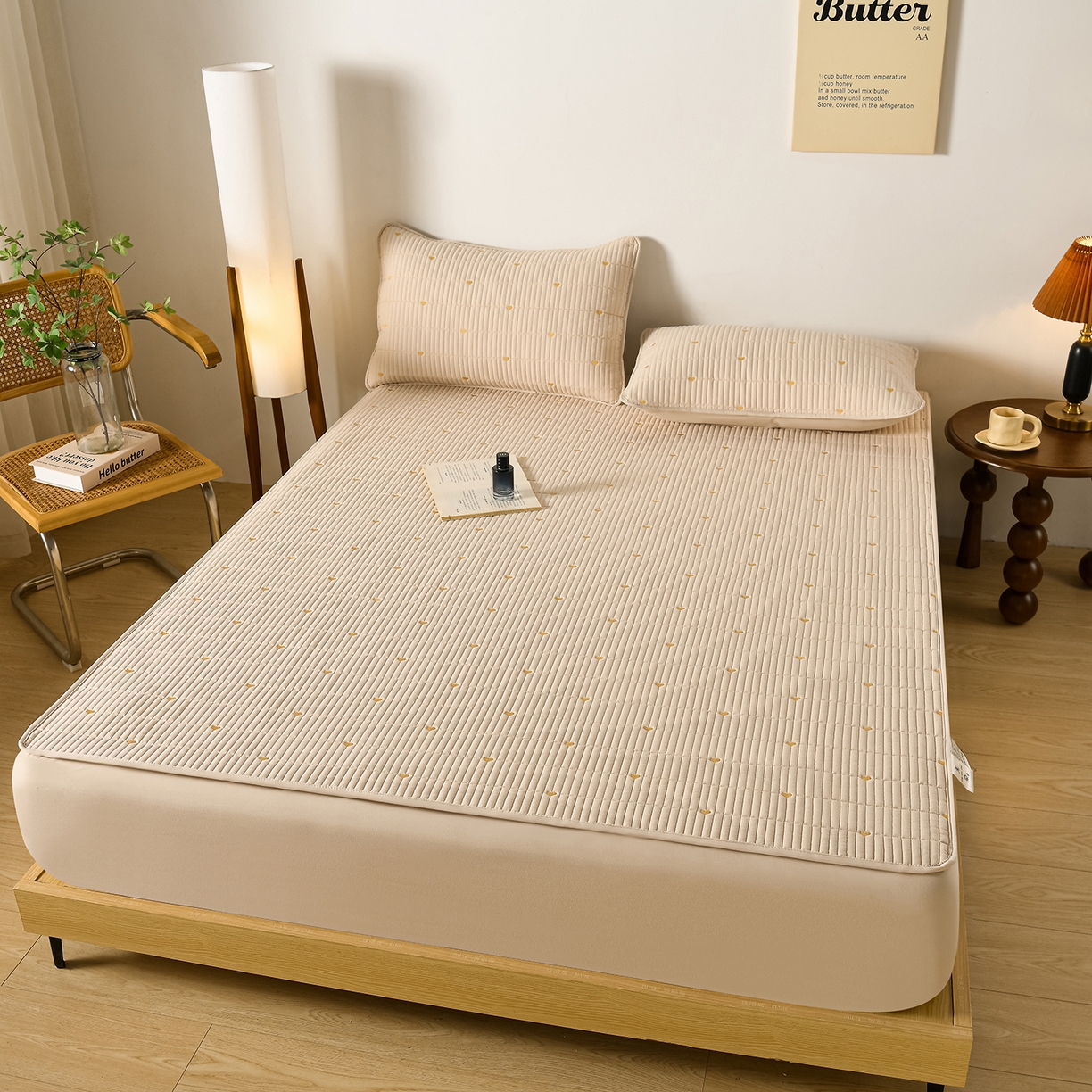 优品惠 2026新款A类刺绣大豆夹棉床笠 爱心咖