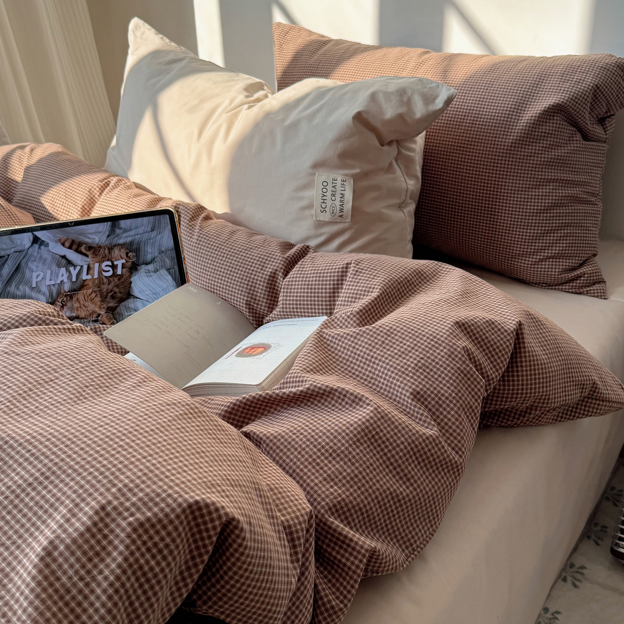 六巷胡同 2026新款INS博主风A类全棉纯棉色织水洗棉格子四件套 觅影-咖格