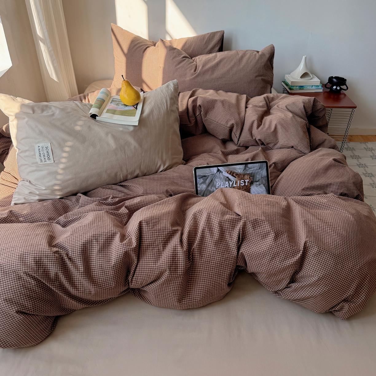 91家纺网 家纺一手货源 找家纺 六巷胡同 2026新款INS博主风A类全棉纯棉色织水洗棉格子四件套 觅影-咖格