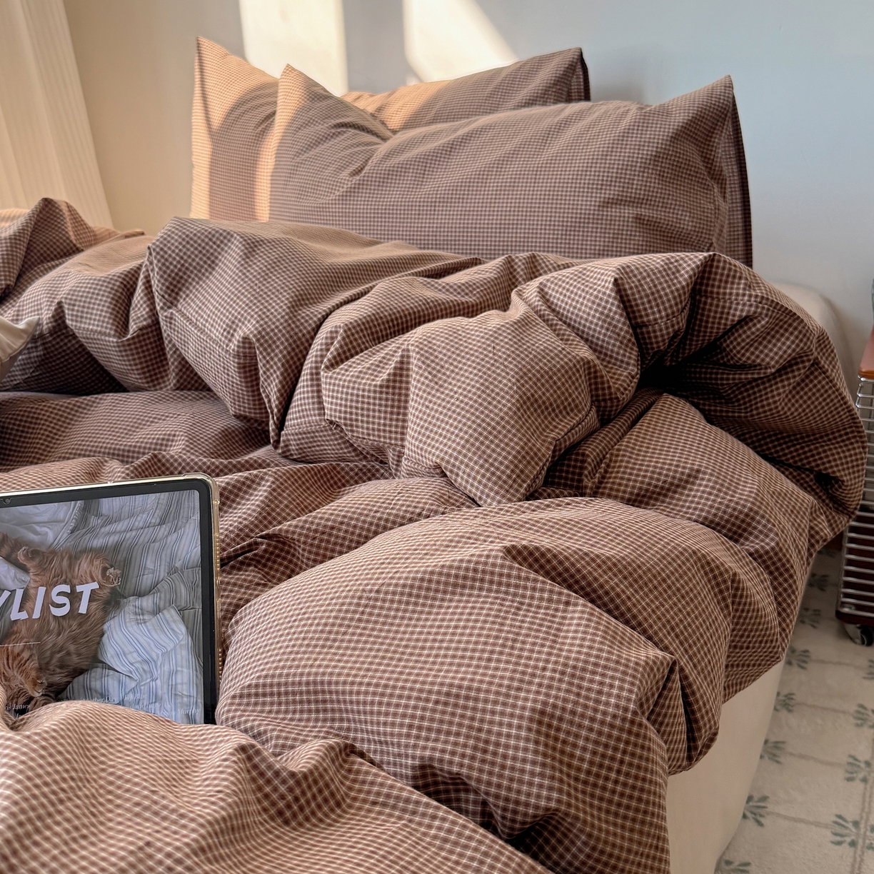 91家纺网 家纺一手货源 找家纺 六巷胡同 2026新款INS博主风A类全棉纯棉色织水洗棉格子四件套 觅影-咖格