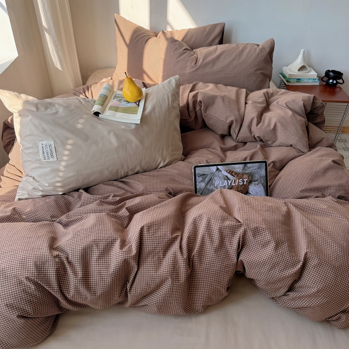 91家纺网 家纺一手货源 找家纺 六巷胡同 2026新款INS博主风A类全棉纯棉色织水洗棉格子四件套 觅影-咖格