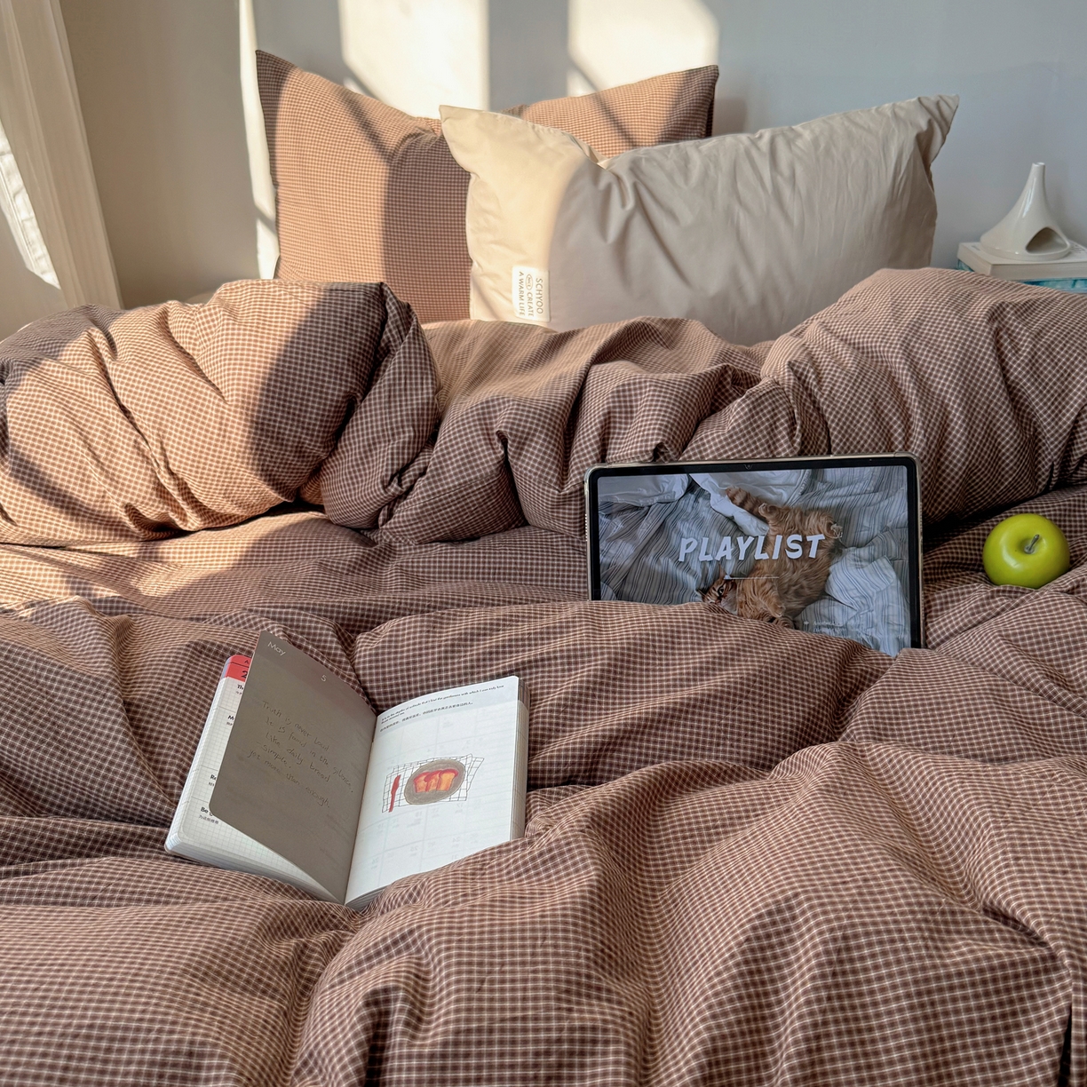 91家纺网 家纺一手货源 找家纺 六巷胡同 2026新款INS博主风A类全棉纯棉色织水洗棉格子四件套 觅影-咖格