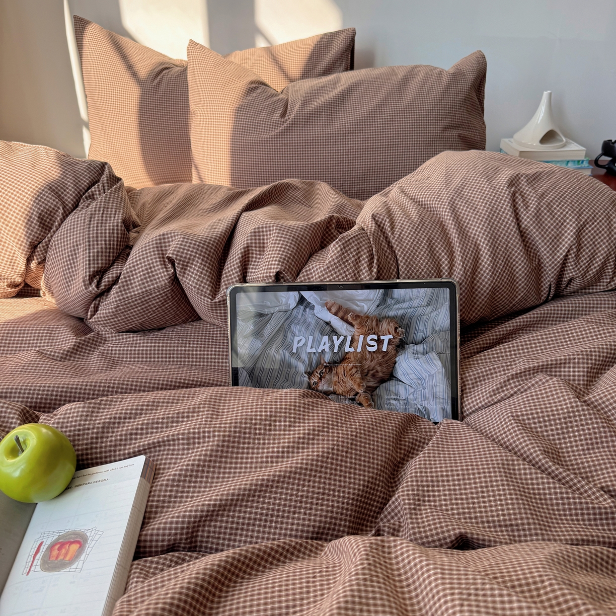 91家纺网 家纺一手货源 找家纺 六巷胡同 2026新款INS博主风A类全棉纯棉色织水洗棉格子四件套 觅影-咖格