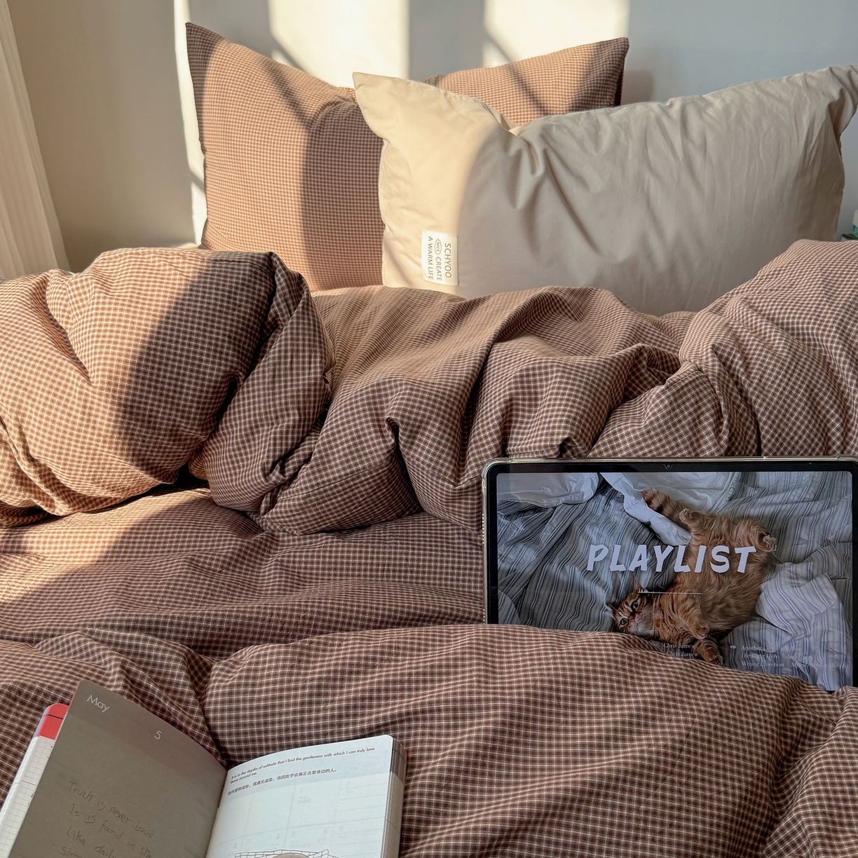 91家纺网 家纺一手货源 找家纺 六巷胡同 2026新款INS博主风A类全棉纯棉色织水洗棉格子四件套 觅影-咖格