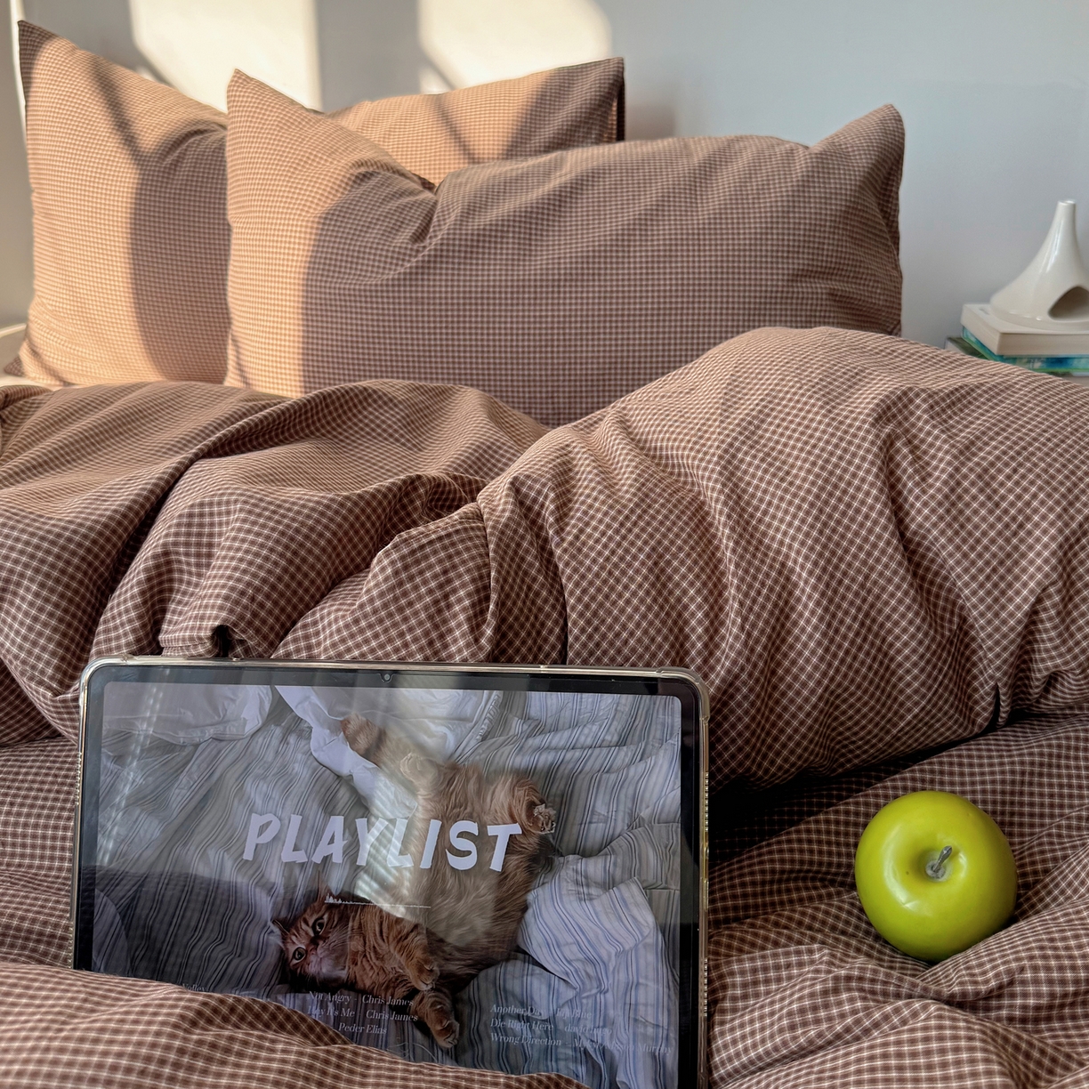 91家纺网 家纺一手货源 找家纺 六巷胡同 2026新款INS博主风A类全棉纯棉色织水洗棉格子四件套 觅影-咖格