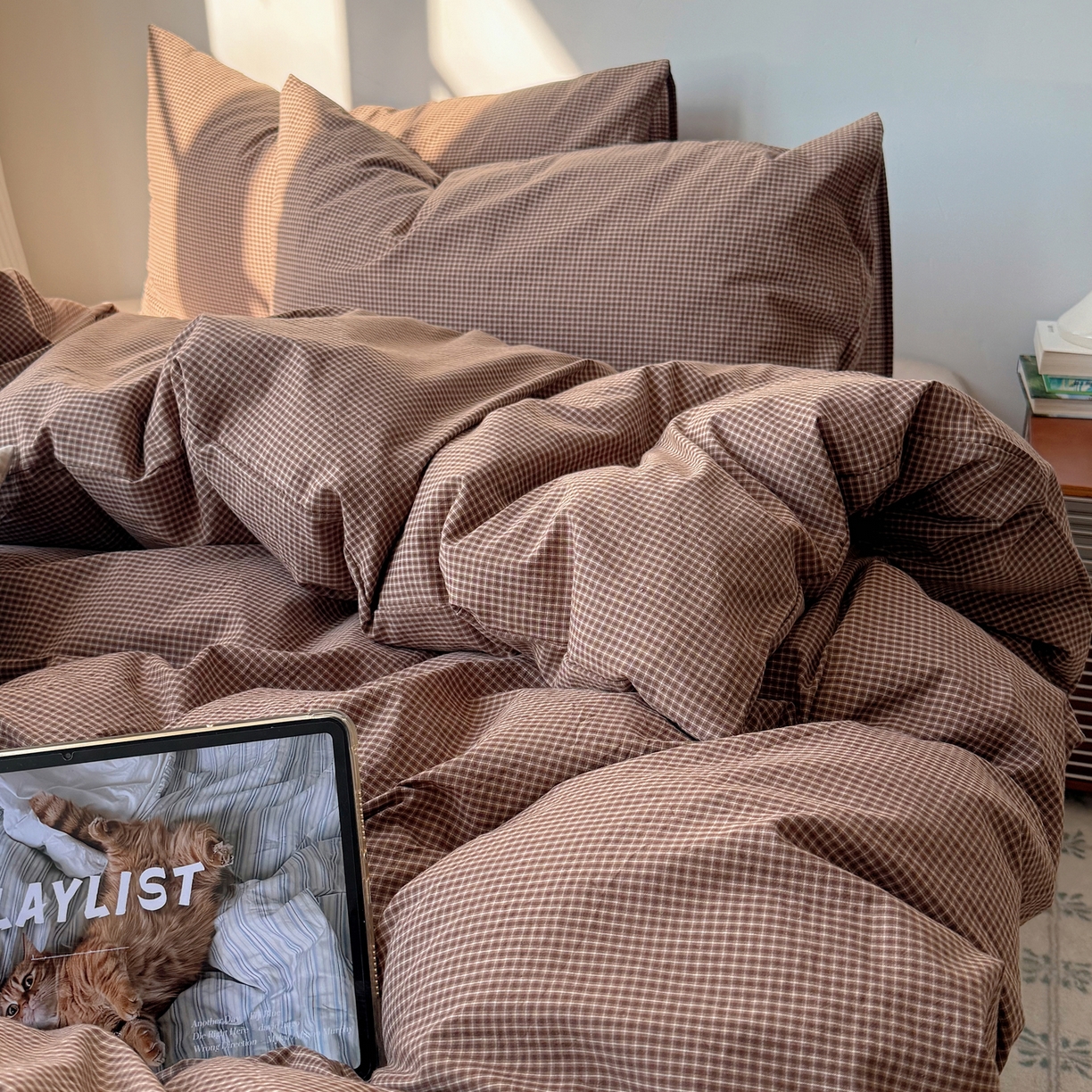 91家纺网 家纺一手货源 找家纺 六巷胡同 2026新款INS博主风A类全棉纯棉色织水洗棉格子四件套 觅影-咖格