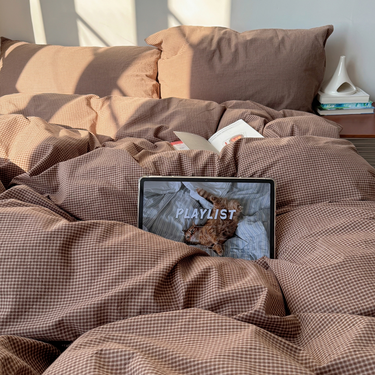 91家纺网 家纺一手货源 找家纺 六巷胡同 2026新款INS博主风A类全棉纯棉色织水洗棉格子四件套 觅影-咖格