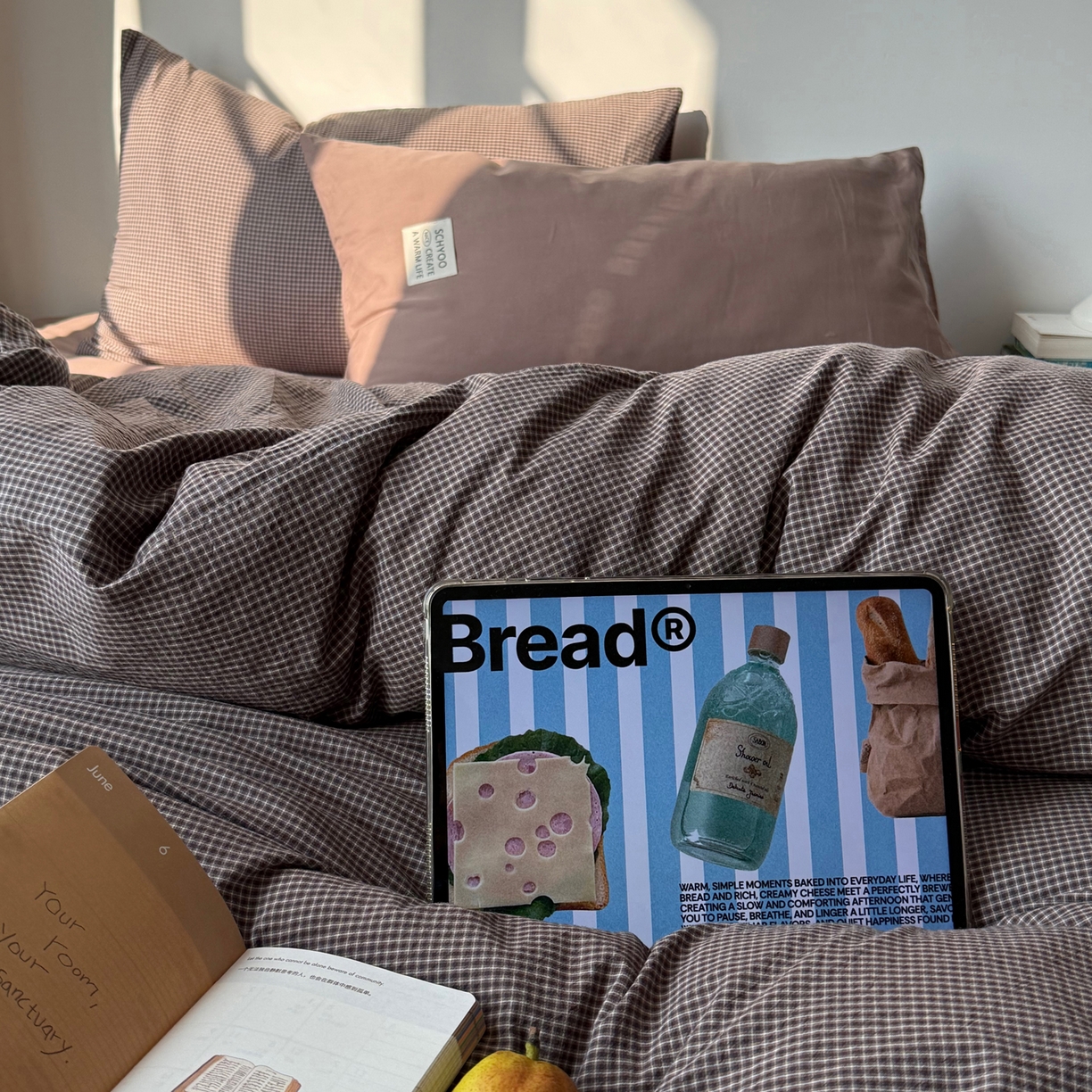 91家纺网 家纺一手货源 找家纺 六巷胡同 2026新款INS博主风A类全棉纯棉色织水洗棉格子四件套 觅影-棕格