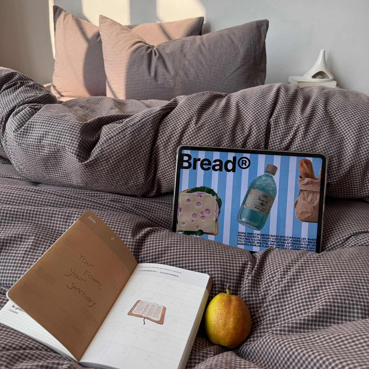 91家纺网 家纺一手货源 找家纺 六巷胡同 2026新款INS博主风A类全棉纯棉色织水洗棉格子四件套 觅影-棕格