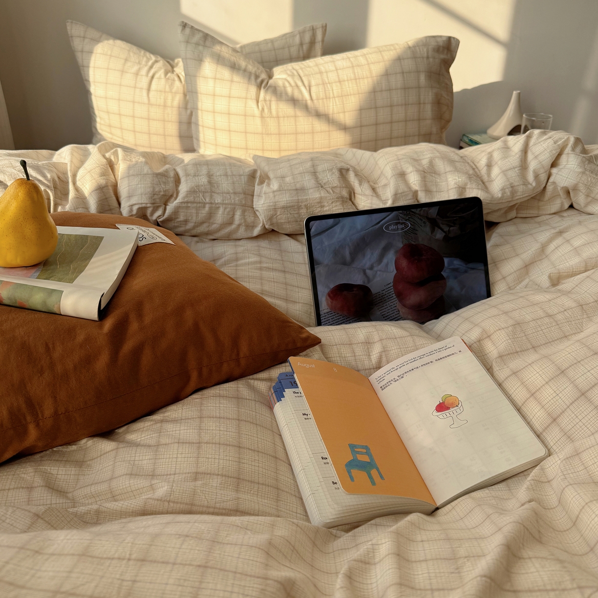 91家纺网 家纺一手货源 找家纺 六巷胡同 2026新款INS博主风A类全棉纯棉色织水洗棉格子四件套 悦野-白格