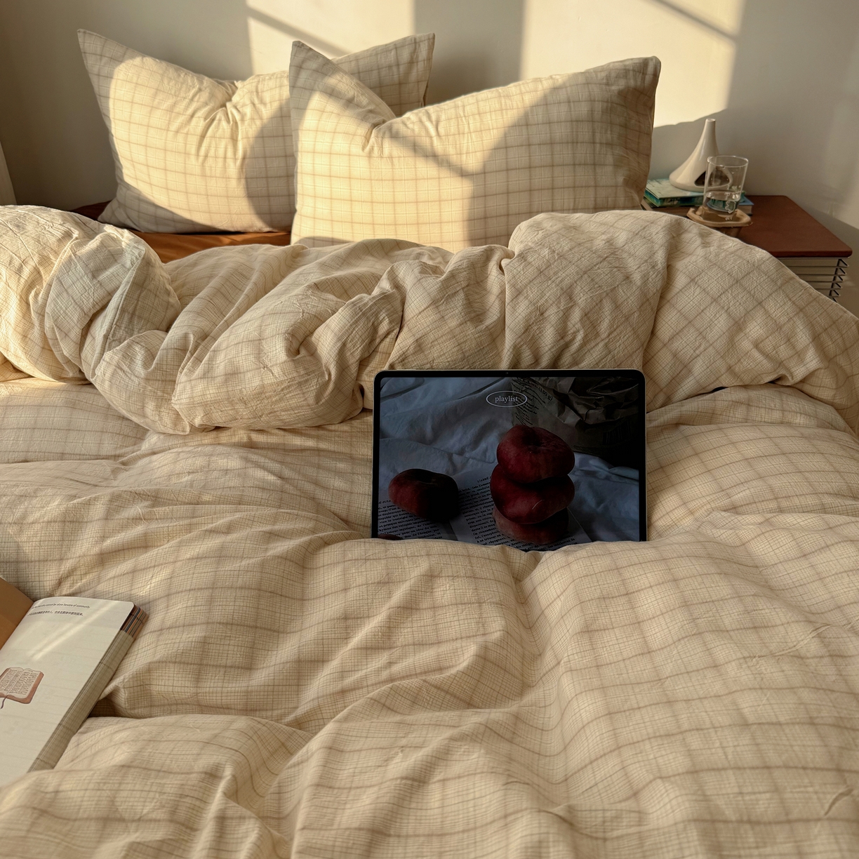 91家纺网 家纺一手货源 找家纺 六巷胡同 2026新款INS博主风A类全棉纯棉色织水洗棉格子四件套 悦野-白格