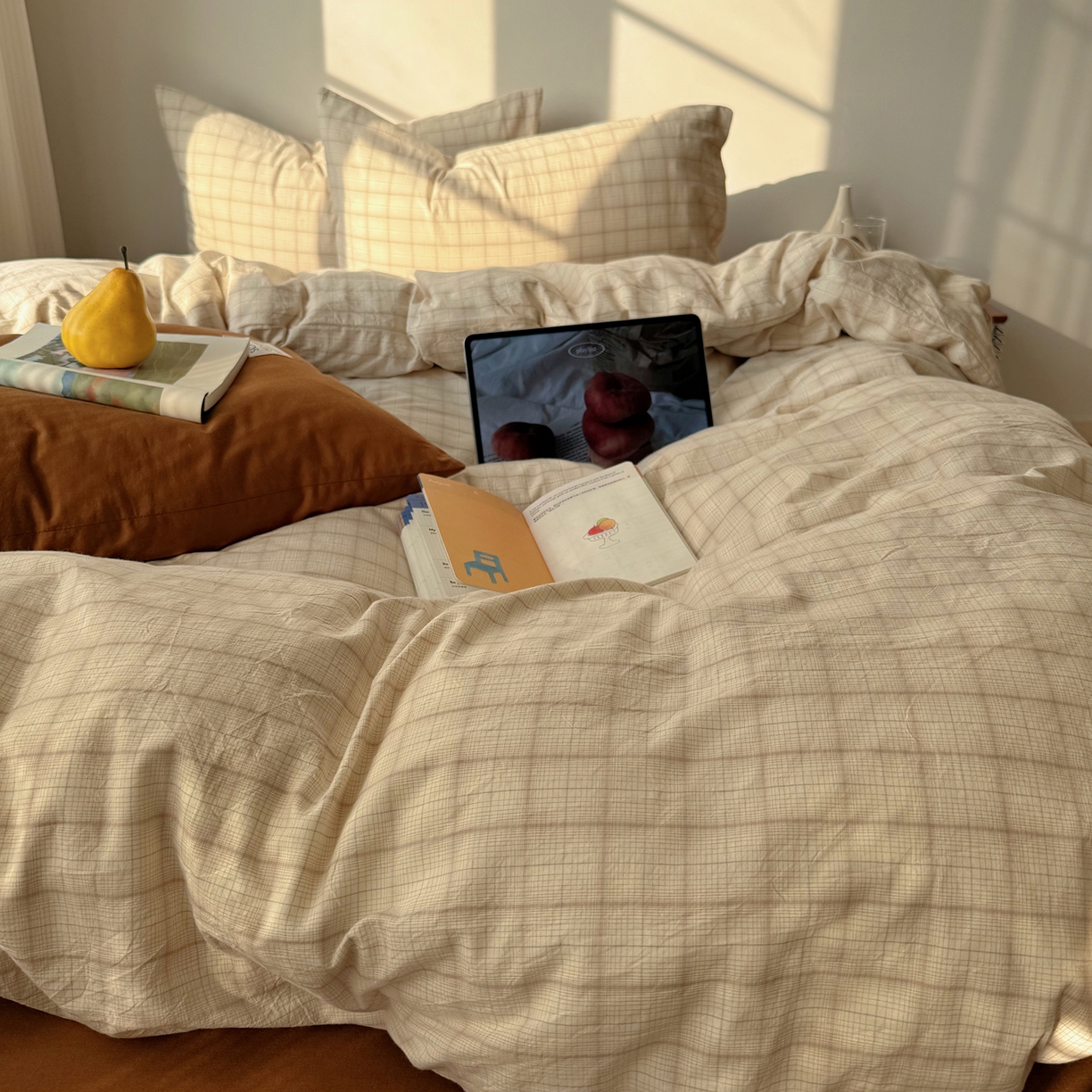 91家纺网 家纺一手货源 找家纺 六巷胡同 2026新款INS博主风A类全棉纯棉色织水洗棉格子四件套 悦野-白格