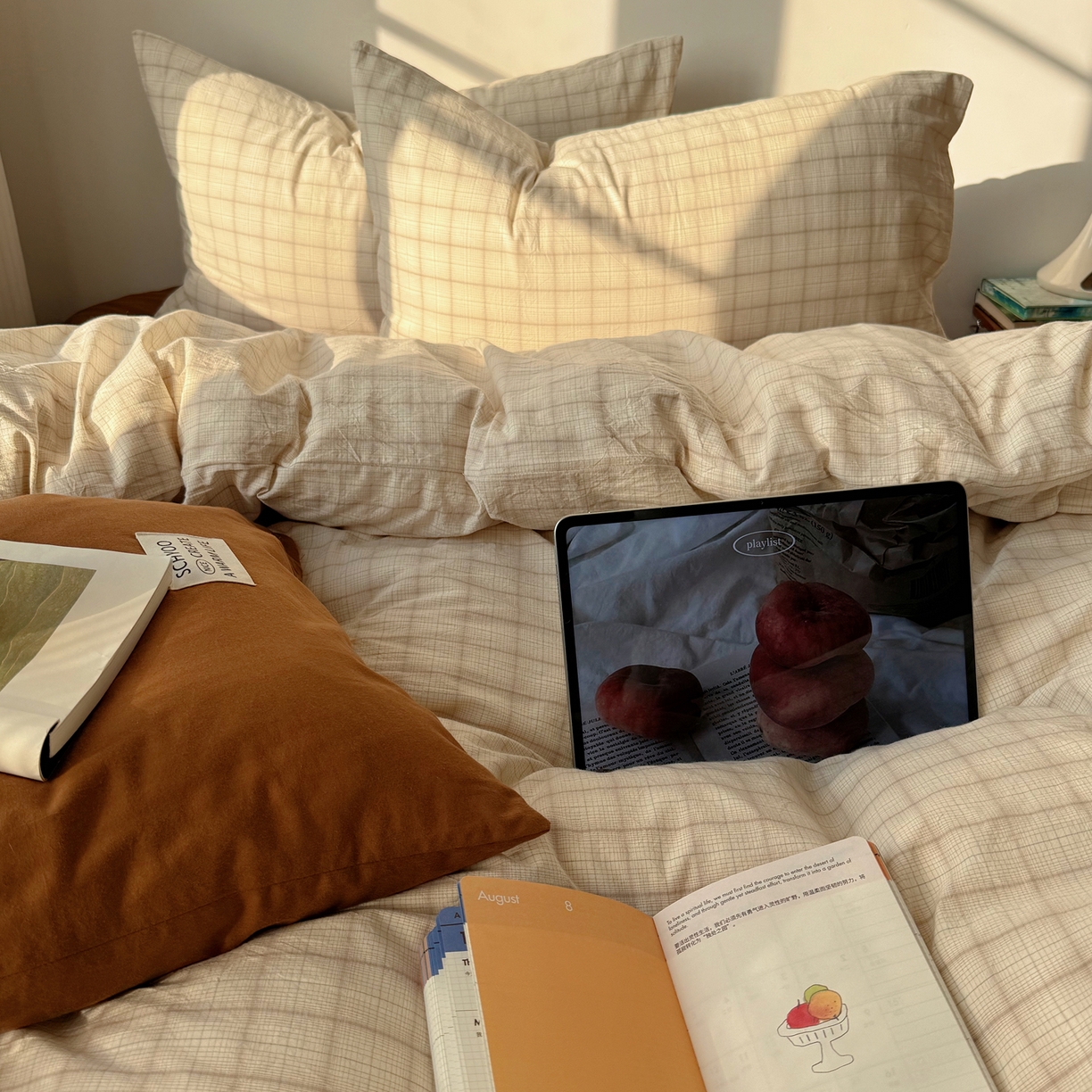 91家纺网 家纺一手货源 找家纺 六巷胡同 2026新款INS博主风A类全棉纯棉色织水洗棉格子四件套 悦野-白格