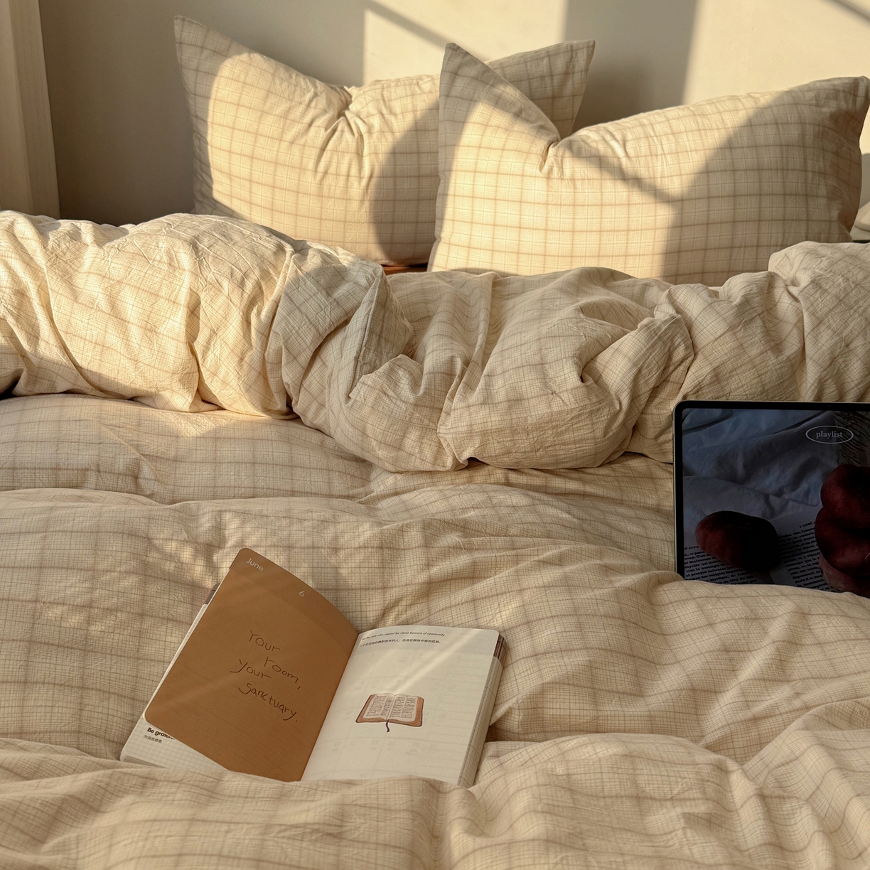 91家纺网 家纺一手货源 找家纺 六巷胡同 2026新款INS博主风A类全棉纯棉色织水洗棉格子四件套 悦野-白格