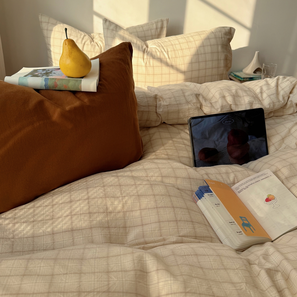 91家纺网 家纺一手货源 找家纺 六巷胡同 2026新款INS博主风A类全棉纯棉色织水洗棉格子四件套 悦野-白格