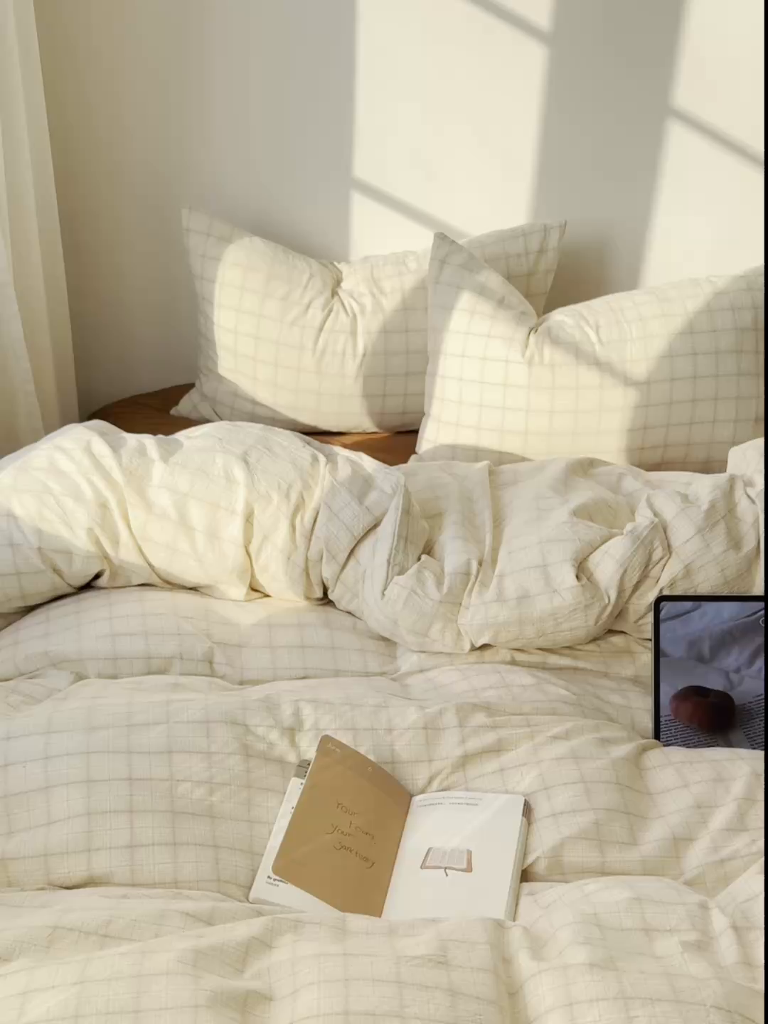 91家纺网 家纺一手货源 找家纺 六巷胡同 2026新款INS博主风A类全棉纯棉色织水洗棉格子四件套 悦野-白格