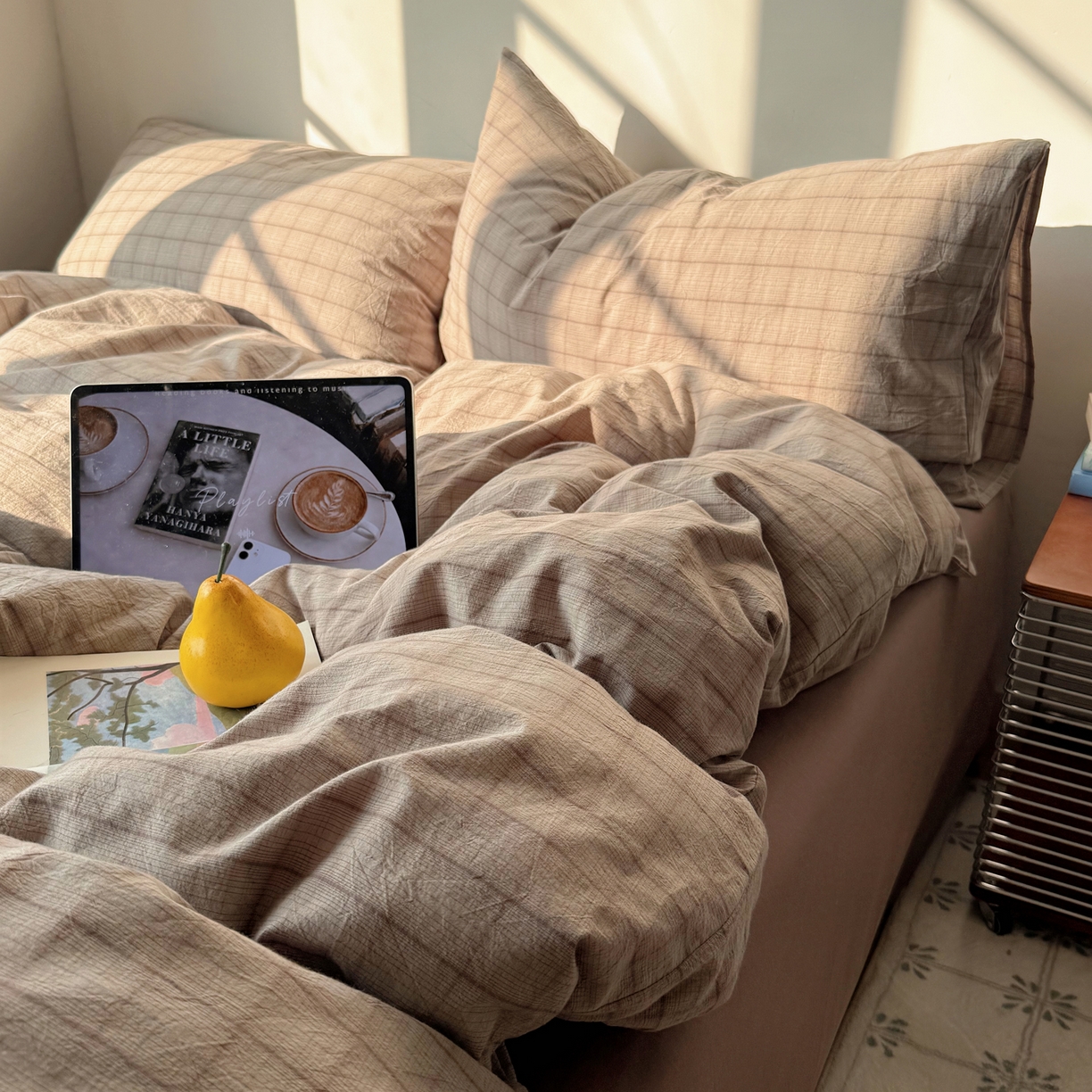 91家纺网 家纺一手货源 找家纺 六巷胡同 2026新款INS博主风A类全棉纯棉色织水洗棉格子四件套 悦野-灰格