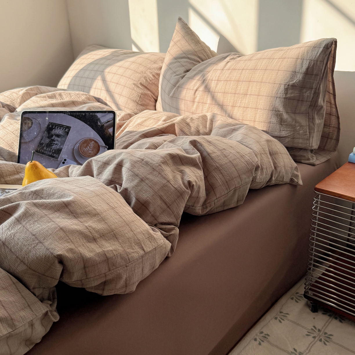 91家纺网 家纺一手货源 找家纺 六巷胡同 2026新款INS博主风A类全棉纯棉色织水洗棉格子四件套 悦野-灰格