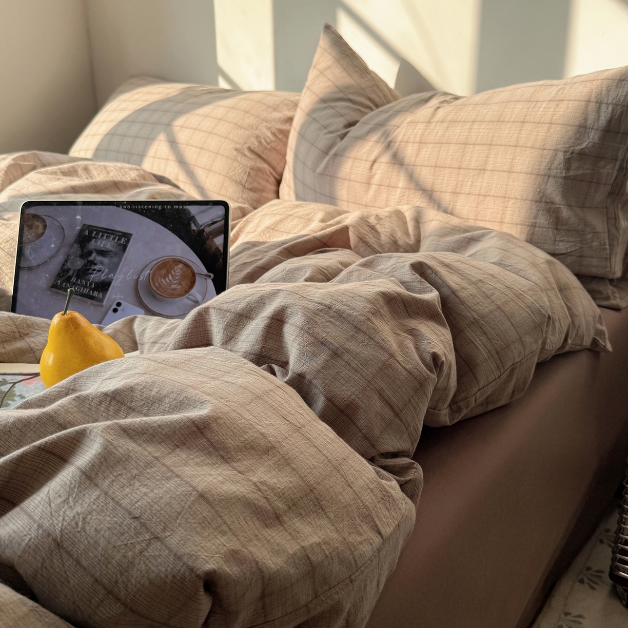 91家纺网 家纺一手货源 找家纺 六巷胡同 2026新款INS博主风A类全棉纯棉色织水洗棉格子四件套 悦野-灰格