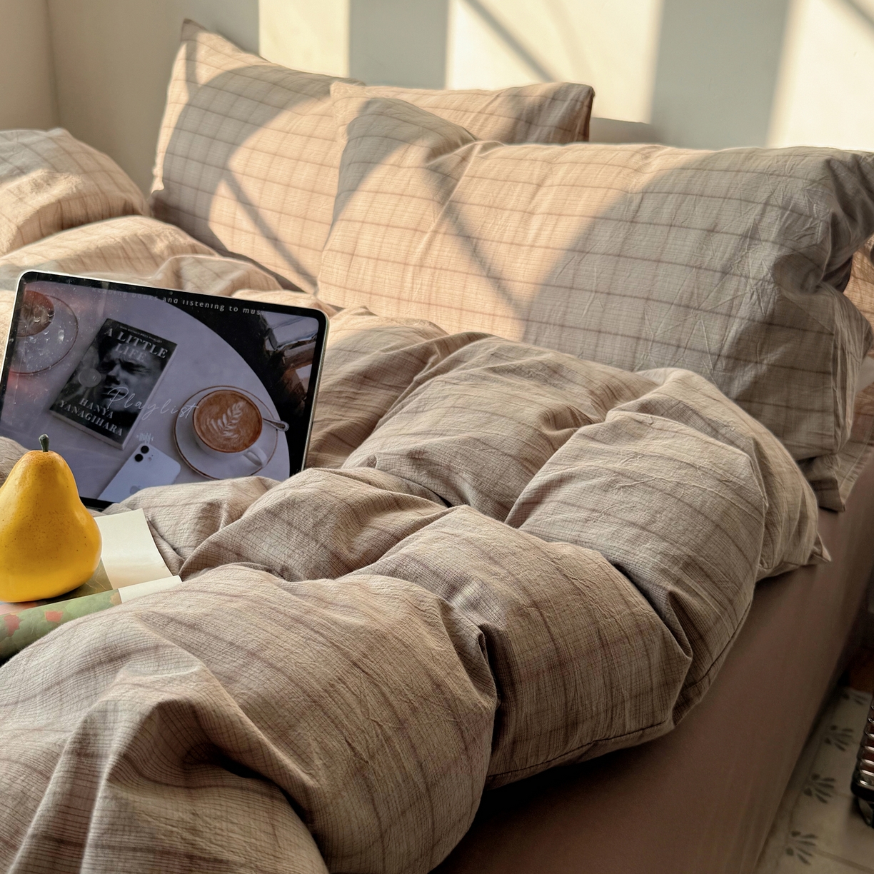 91家纺网 家纺一手货源 找家纺 六巷胡同 2026新款INS博主风A类全棉纯棉色织水洗棉格子四件套 悦野-灰格