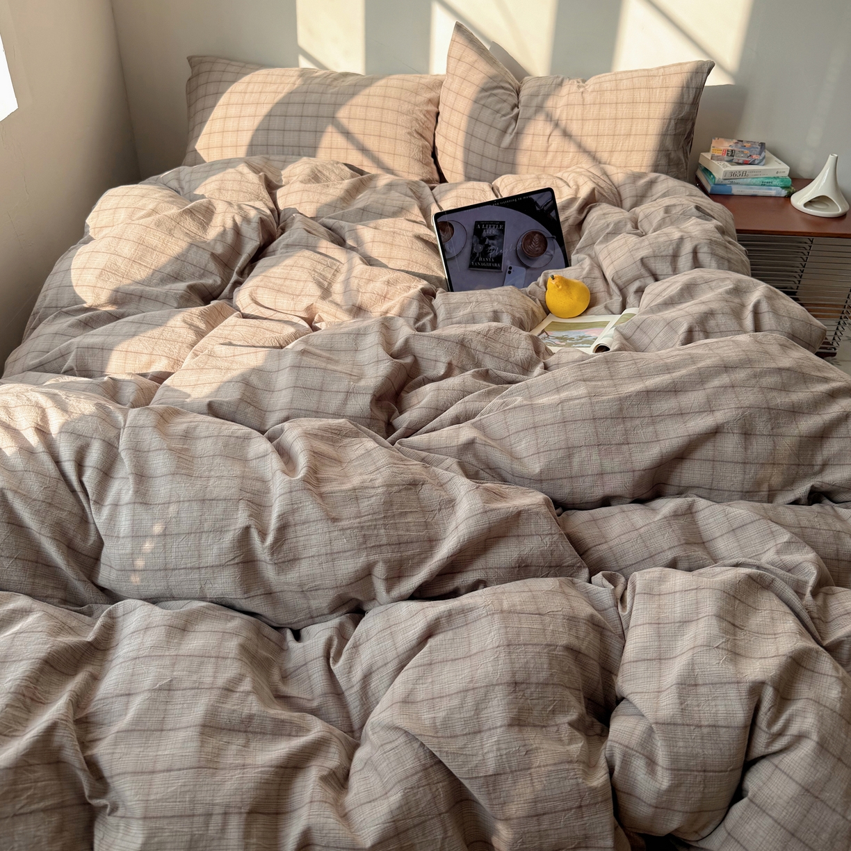 91家纺网 家纺一手货源 找家纺 六巷胡同 2026新款INS博主风A类全棉纯棉色织水洗棉格子四件套 悦野-灰格