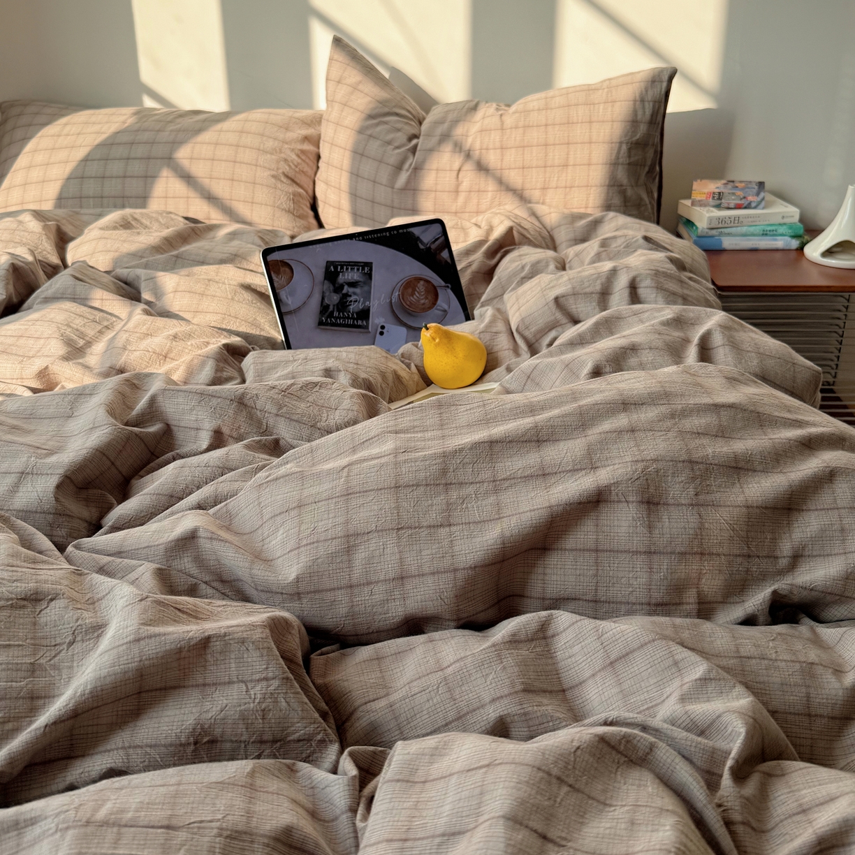 91家纺网 家纺一手货源 找家纺 六巷胡同 2026新款INS博主风A类全棉纯棉色织水洗棉格子四件套 悦野-灰格