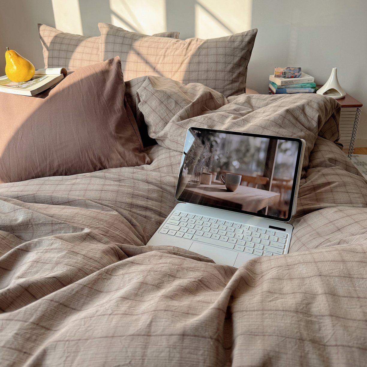 91家纺网 家纺一手货源 找家纺 六巷胡同 2026新款INS博主风A类全棉纯棉色织水洗棉格子四件套 悦野-灰格