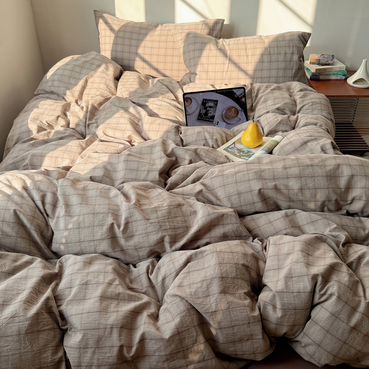 91家纺网 家纺一手货源 找家纺 六巷胡同 2026新款INS博主风A类全棉纯棉色织水洗棉格子四件套 悦野-灰格